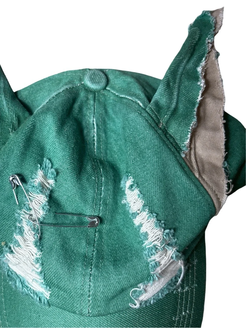 Distressed Cat Ear Baseball Cap Green Grunge Punk Y2K Adjustable